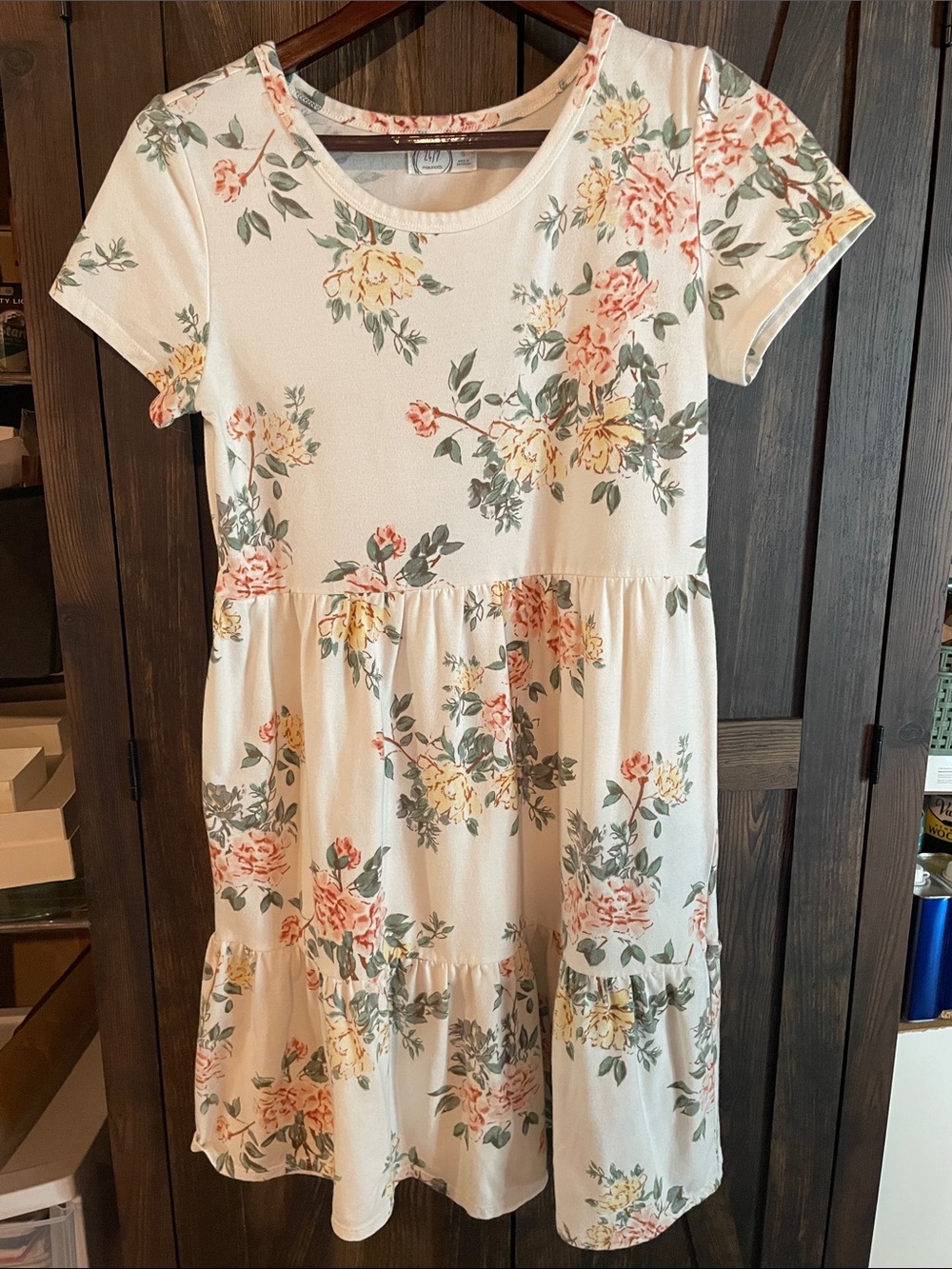 Maurices Cream Floral Tiered Dress with Pink and Yellow Blooms
